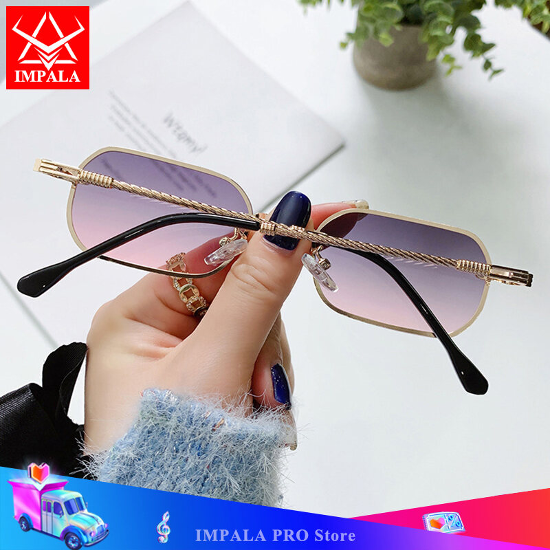 IMPALA QT1658W Fashion Rimless Sunglasses for Women Beautiful Metal Braided Temples Korean Style Colorful Small Lens UV Protection Sun Glasses