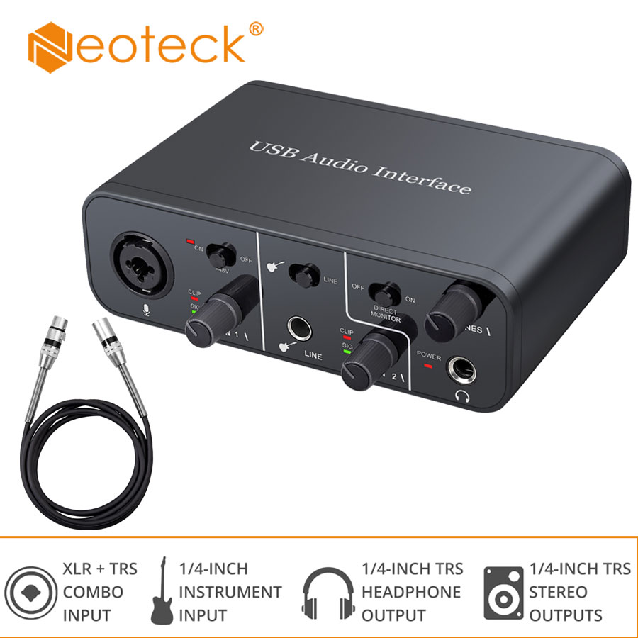 Neoteck 6.35 mm 16-Bit/48kHz USB External Sound Card Audio Interface with XLR Line Inputs 48V Phantom Power TRS Balanced Ultra-Low Latency Support PC & Music Instruments
