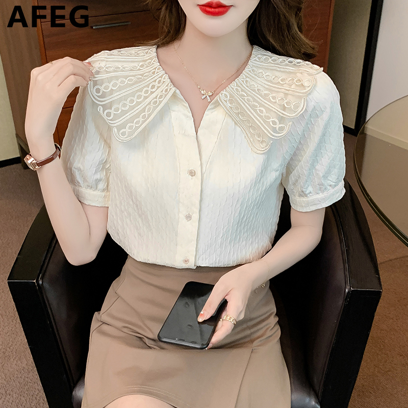 AFEG new Korean style fashion loose all-match chiffon stitching lace short-sleeved blouse for women