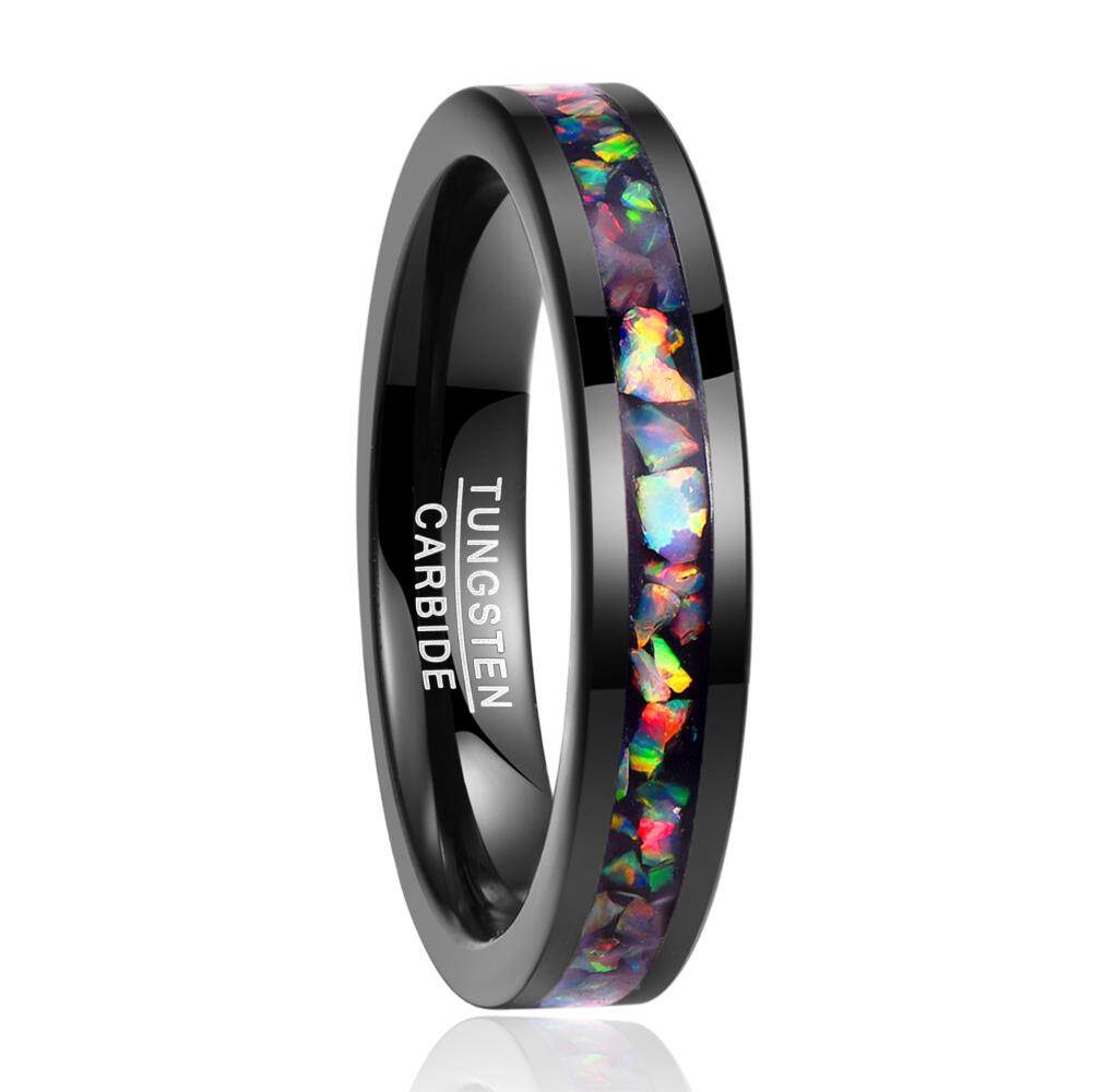 AVECON 【Support Engrave】4mm Colorful Opal Inlay Tungsten Ring Black Wedding Band Engagement Ring for Men Women Comfort Fit Size 5-12