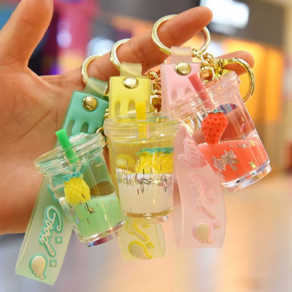 HUIHEYU Into The Oil Moving Key Holder Fashion Jewelry Exquisite Gifts Car Key charms Bag Ornaments Wristlet Keychain Milk Tea Cup Pendant Quicksand Fruit Keychain