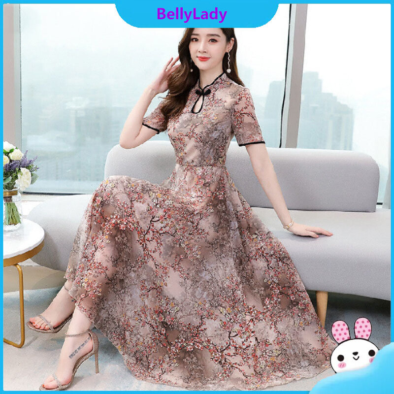 Women Summer Cheongsam Dress Short Sleeves Printing A-line Skirt Large Size Loose Midi Skirt