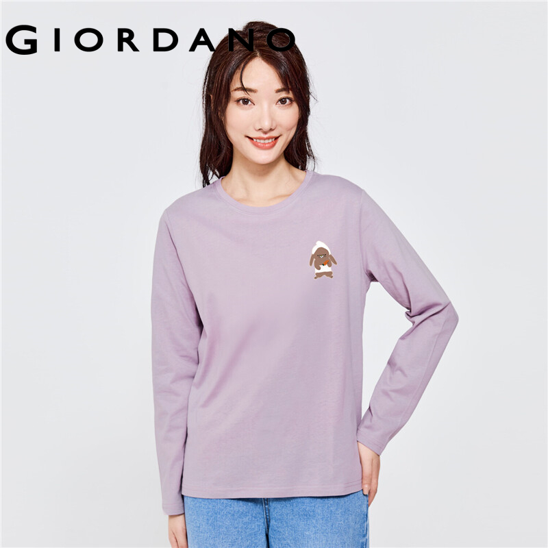 GIORDANO Women ZITA Series T-Shirts Print Rabbit Pattern 100% Cotton Casual T-Shirts Long Sleeve Crewneck Simple Tee 99392144