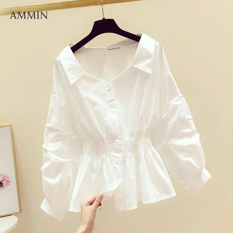 AMMIN Tops 2021 autumn new style V-neck long-sleeved button cardigan cotton shirt women's Korean version of retro Hong Kong flavor elastic waist Western-style loose lantern sleeves solid color blo
