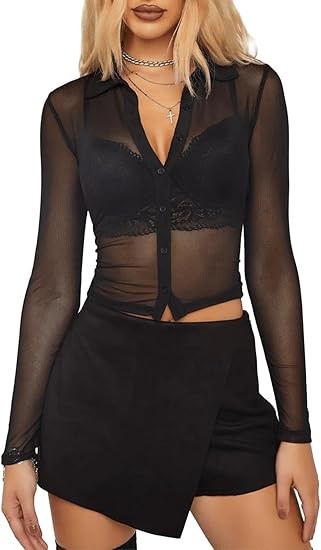 ZANZEA Women's Sexy Mesh Shirt Sheer Button Up Blouse See Through Long Sleeve Crop Top
